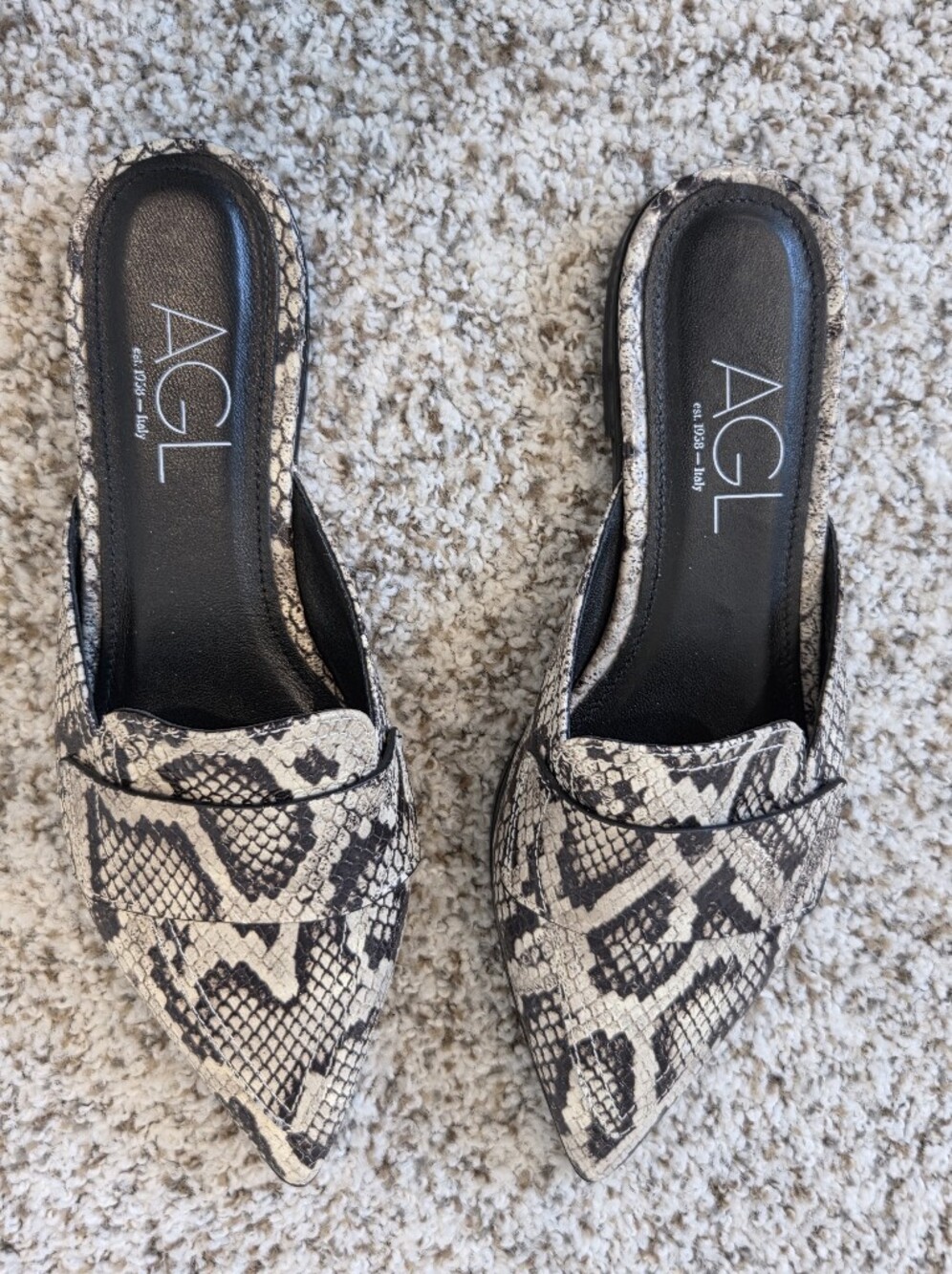 AGL Italian Leather Beige Black & Cream Snake-Print Pointed Slip-On Mule 6: 36 - Picture 2 of 7